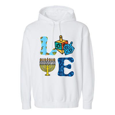 Hanukkah Love Menorah Dreidel Chanukah Jewish Garment-Dyed Fleece Hoodie