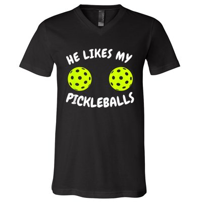 He Likes My Pickleballs Couple Pickleball Matching V-Neck T-Shirt