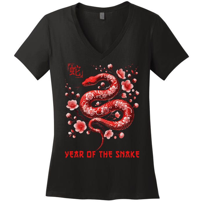 Happy Lunar New Year 2025 Year Of The Snake Zodiac Sign Women's V-Neck T-Shirt