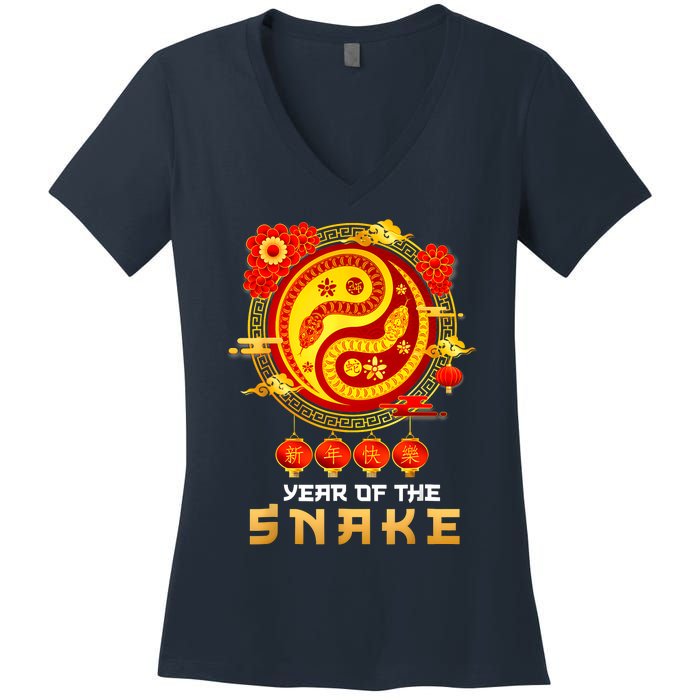 Happy Lunar New Year 2025 Year Of The Snake Zodiac Sign Women's V-Neck T-Shirt