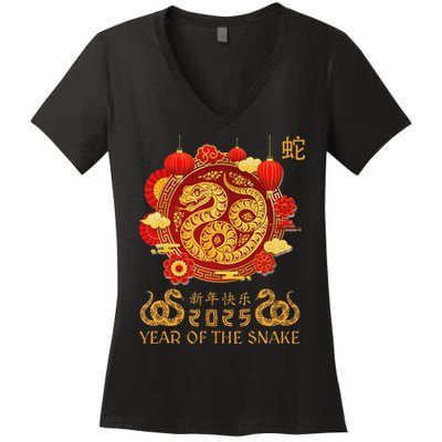 Happy Lunar New Year 2025 Year Of The Snake Zodiac Sign Women's V-Neck T-Shirt