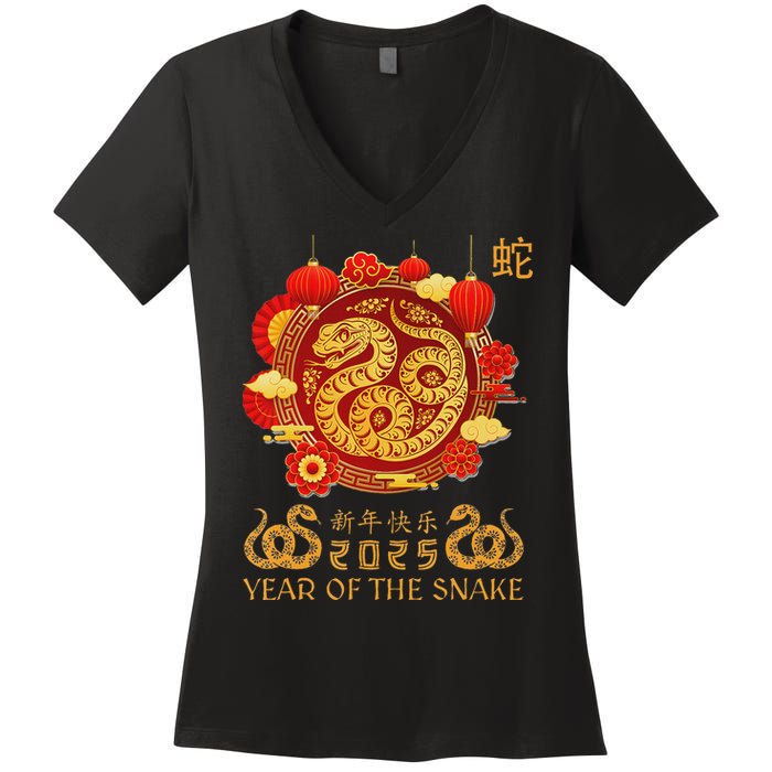 Happy Lunar New Year 2025 Year Of The Snake Zodiac Sign Women's V-Neck T-Shirt