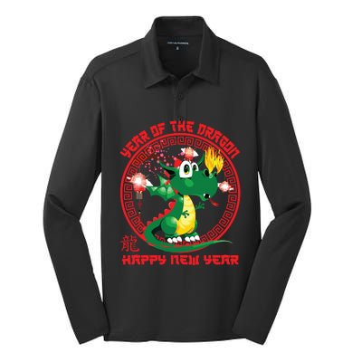 Happy Lunar New Year 2024 Cute Chinese Dragon Decorations Silk Touch Performance Long Sleeve Polo