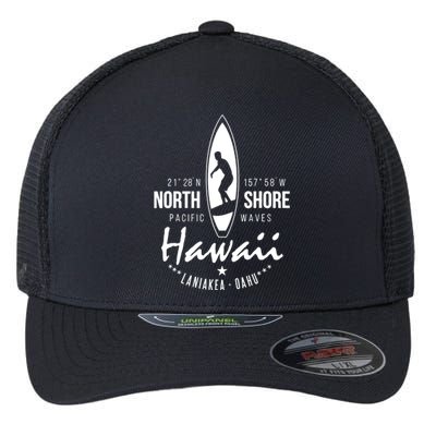 Hawaii Laniakea Oahu Beach North Shore Surfer Pacific Waves Flexfit Unipanel Trucker Cap