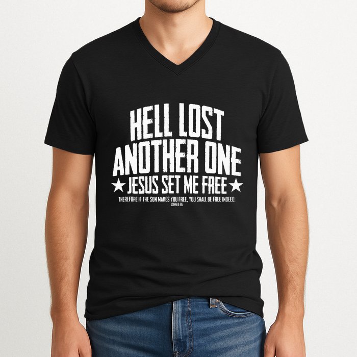 Hell Lost One Jesus Set Me Free John 836 Another Christian V-Neck T-Shirt