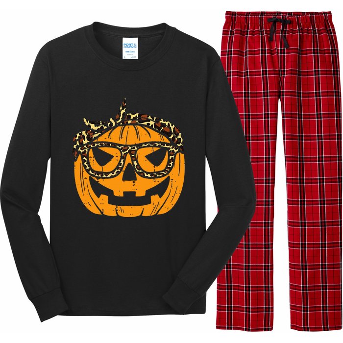 Halloween Leopard Print Bandana Adorable Pumpkin Design Long Sleeve Pajama Set