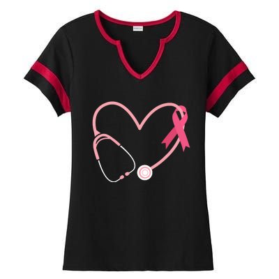 Heart Love Pink Ribbon Doctor Nurse Cute Breast Cancer Gifts Ladies Halftime Notch Neck Tee