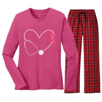 Heart Love Pink Ribbon Doctor Nurse Cute Breast Cancer Gifts Women's Long Sleeve Flannel Pajama Set 