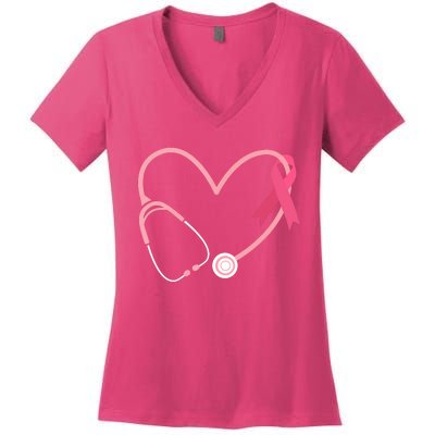 Heart Love Pink Ribbon Doctor Nurse Cute Breast Cancer Gifts Women's V-Neck T-Shirt