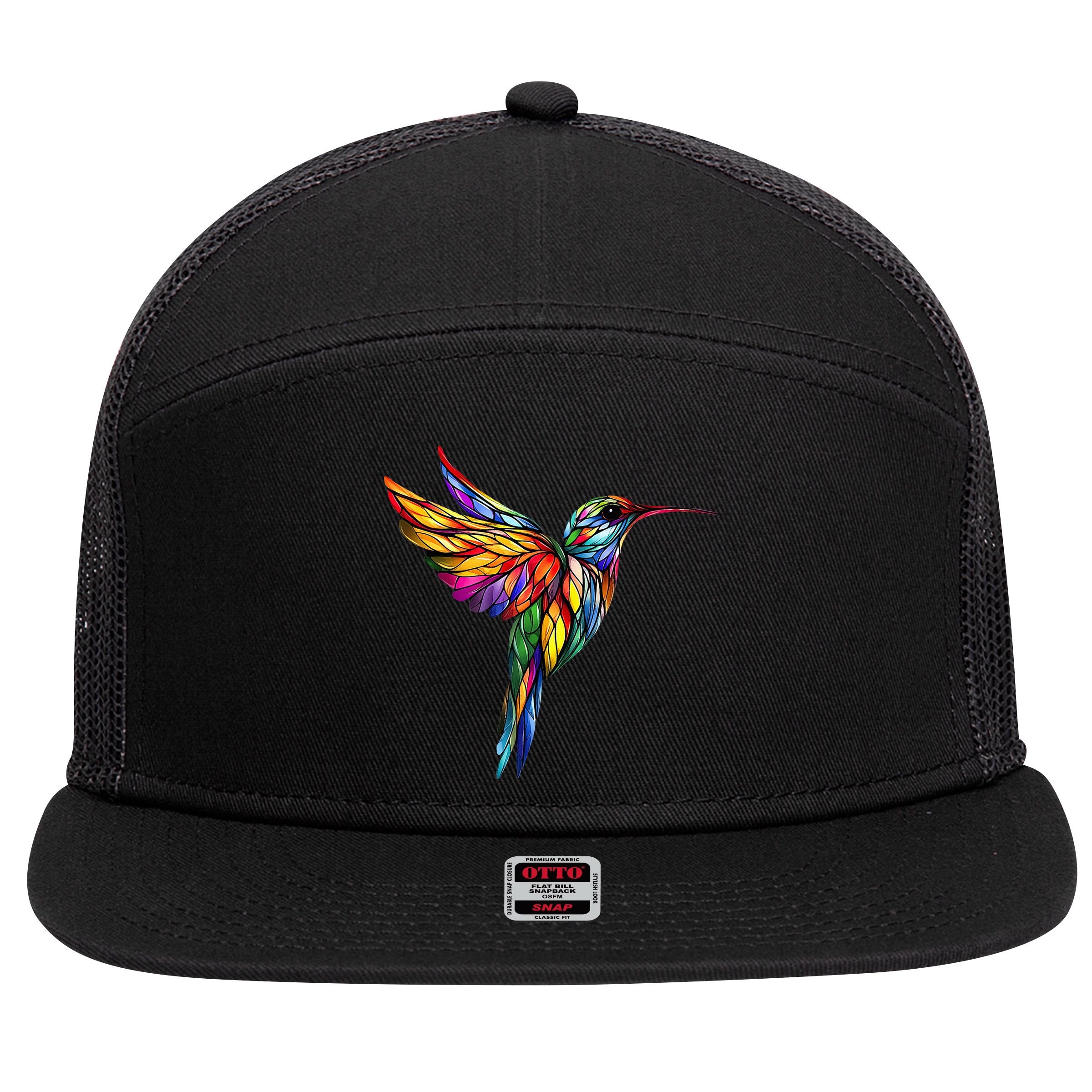 Hummingbird Lovers Stained Glass Hummingbird  7 Panel Mesh Trucker Snapback Hat