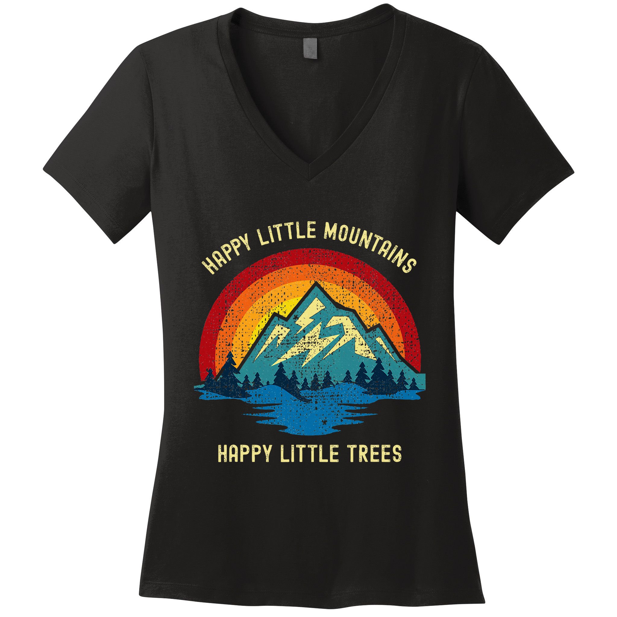 Happy Little Trees Mountains Bob Style Vintage Retro Nature Women's V-Neck T-Shirt