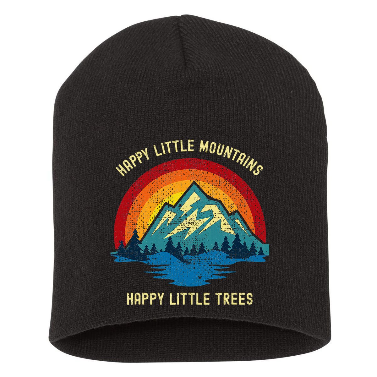 Happy Little Trees Mountains Bob Style Vintage Retro Nature Short Acrylic Beanie