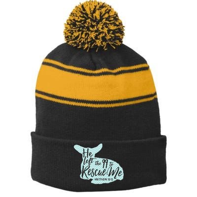 He Left The 99 To Rescue Me Green Chevron Christian Stripe Pom Pom Beanie