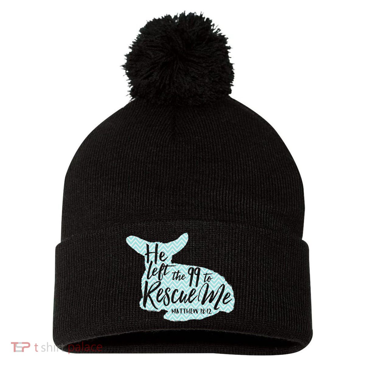 He Left The 99 To Rescue Me Green Chevron Christian Pom Pom 12in Knit Beanie
