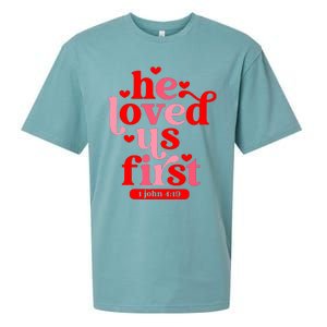 He Loved Us First Bible 1 John 4:19 Christian Valentines Day Sueded Cloud Jersey T-Shirt