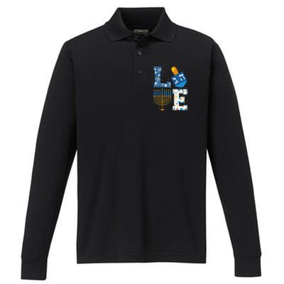 Hanukkah love with menorah for jewish christmas holiday Performance Long Sleeve Polo