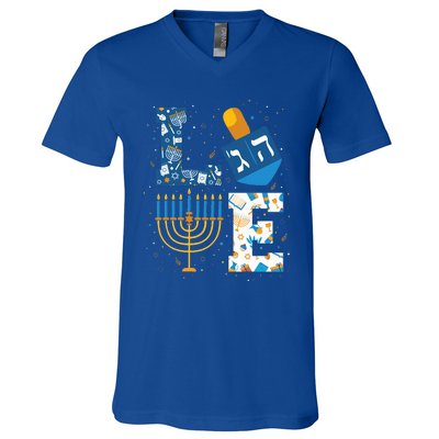 Hanukkah love with menorah for jewish christmas holiday V-Neck T-Shirt