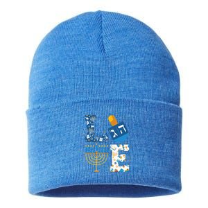 Hanukkah love with menorah for jewish christmas holiday Sustainable Knit Beanie