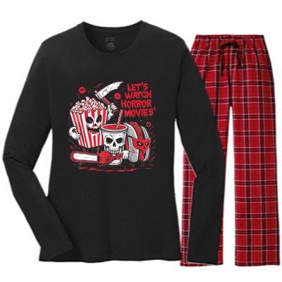 Halloween Lets Watch Horror Movies Hotdog Popcorn Drink Women's Long Sleeve Flannel Pajama Set 