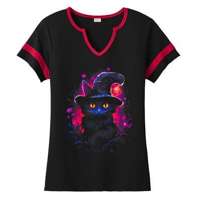 Halloween Little Witch Cat Ladies Halftime Notch Neck Tee