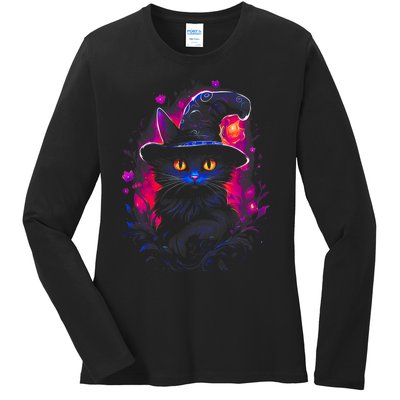 Halloween Little Witch Cat Ladies Long Sleeve Shirt