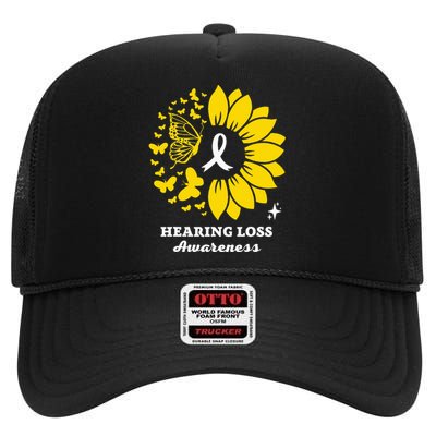 Hearing Loss Warrior Awareness Sunflower High Crown Mesh Back Trucker Hat