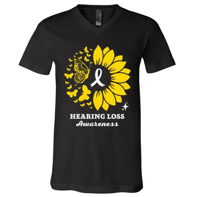 Hearing Loss Warrior Awareness Sunflower V-Neck T-Shirt