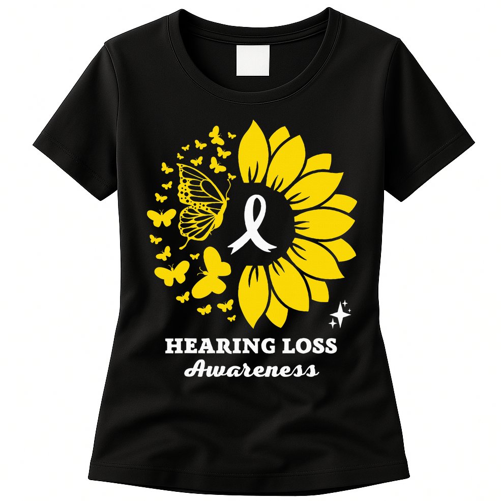 Hearing Loss Warrior Awareness Sunflower Womens T-Shirt