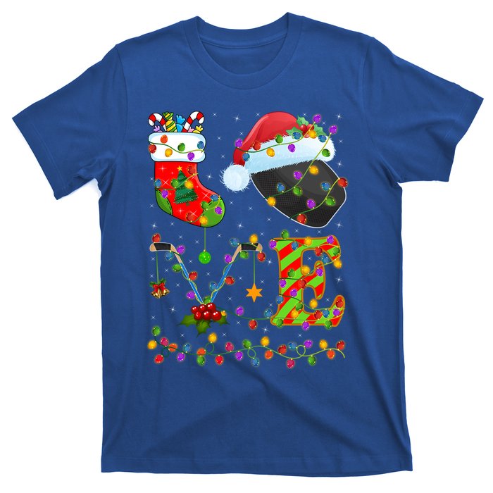 Hockey Lover Xmas Lighting Santa Love Ice Hockey Christmas Meaningful Gift T-Shirt