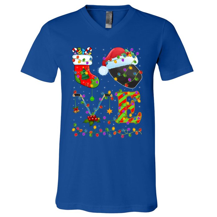 Hockey Lover Xmas Lighting Santa Love Ice Hockey Christmas Meaningful Gift V-Neck T-Shirt