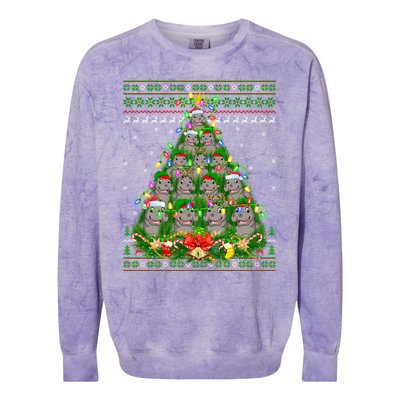 Hippo Lover Xmas Lights Ugly Hippopotamus Christmas Tree Cool Gift Colorblast Crewneck Sweatshirt