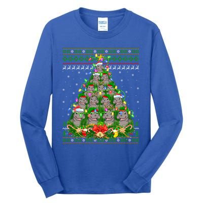 Hippo Lover Xmas Lights Ugly Hippopotamus Christmas Tree Cool Gift Tall Long Sleeve T-Shirt