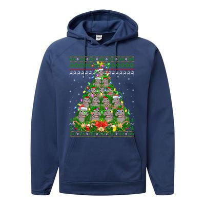 Hippo Lover Xmas Lights Ugly Hippopotamus Christmas Tree Cool Gift Performance Fleece Hoodie