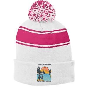 His Mercies Are New Every Morning Bible Verse Christian Stripe Pom Pom Beanie