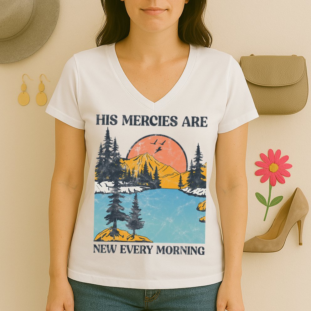 His Mercies Are New Every Morning Bible Verse Christian Women's V-Neck T-Shirt