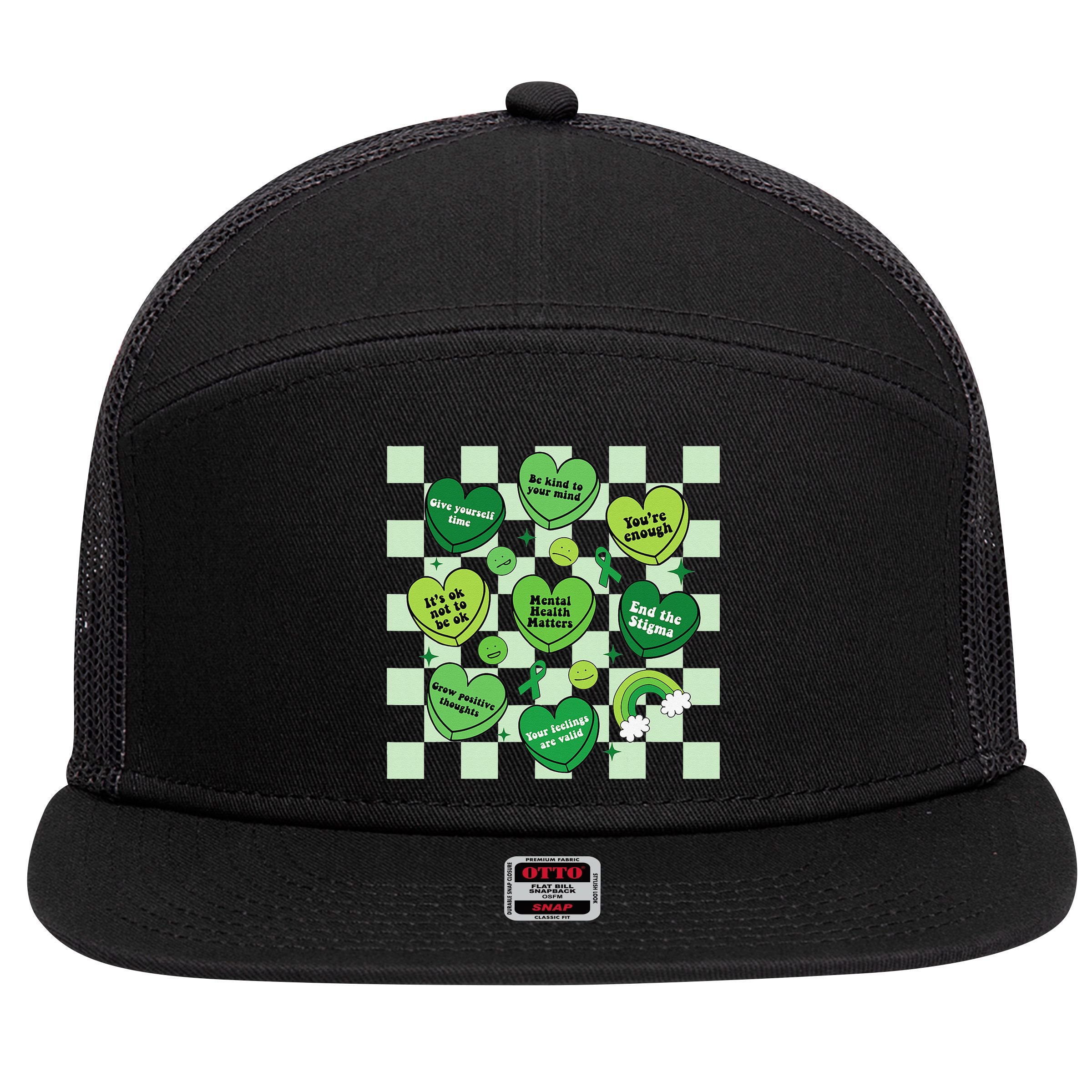 Health Matters Awareness Heart Green Ribbon Mental 7 Panel Mesh Trucker Snapback Hat