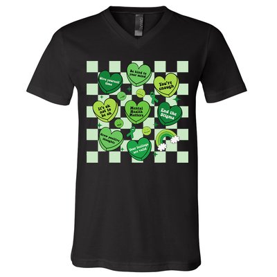 Health Matters Awareness Heart Green Ribbon Mental V-Neck T-Shirt