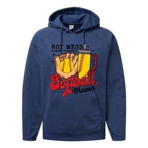 Hot Mess Always Stressed Softball Mama Performance Fleece Hoodie