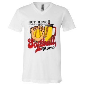 Hot Mess Always Stressed Softball Mama V-Neck T-Shirt