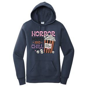 Horror Movies And Chill Skull Popcorn Retro Funny Halloween Gift Women's Pullover Hoodie