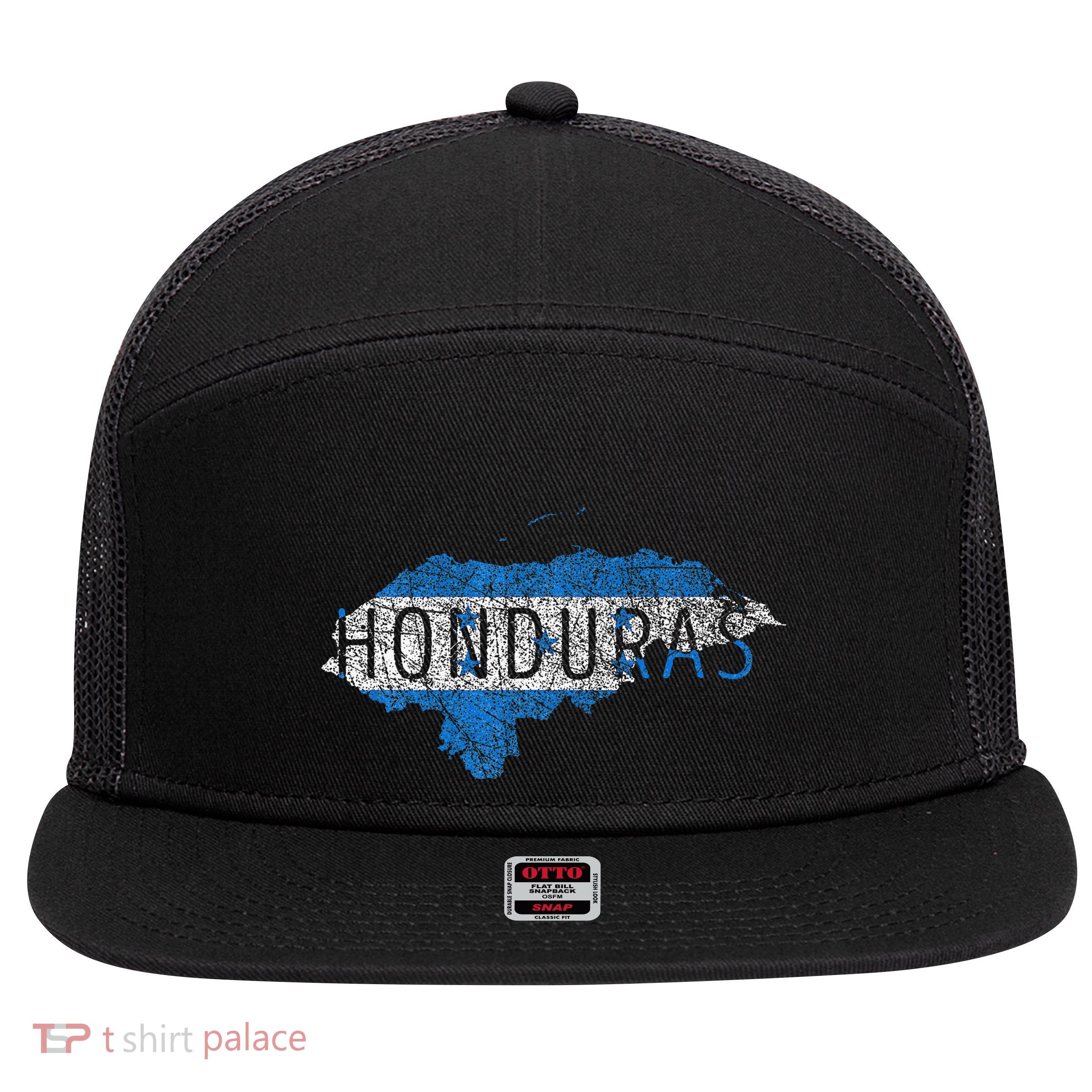 Honduran Map And Flag Souvenir Distressed Honduras 7 Panel Mesh Trucker Snapback Hat