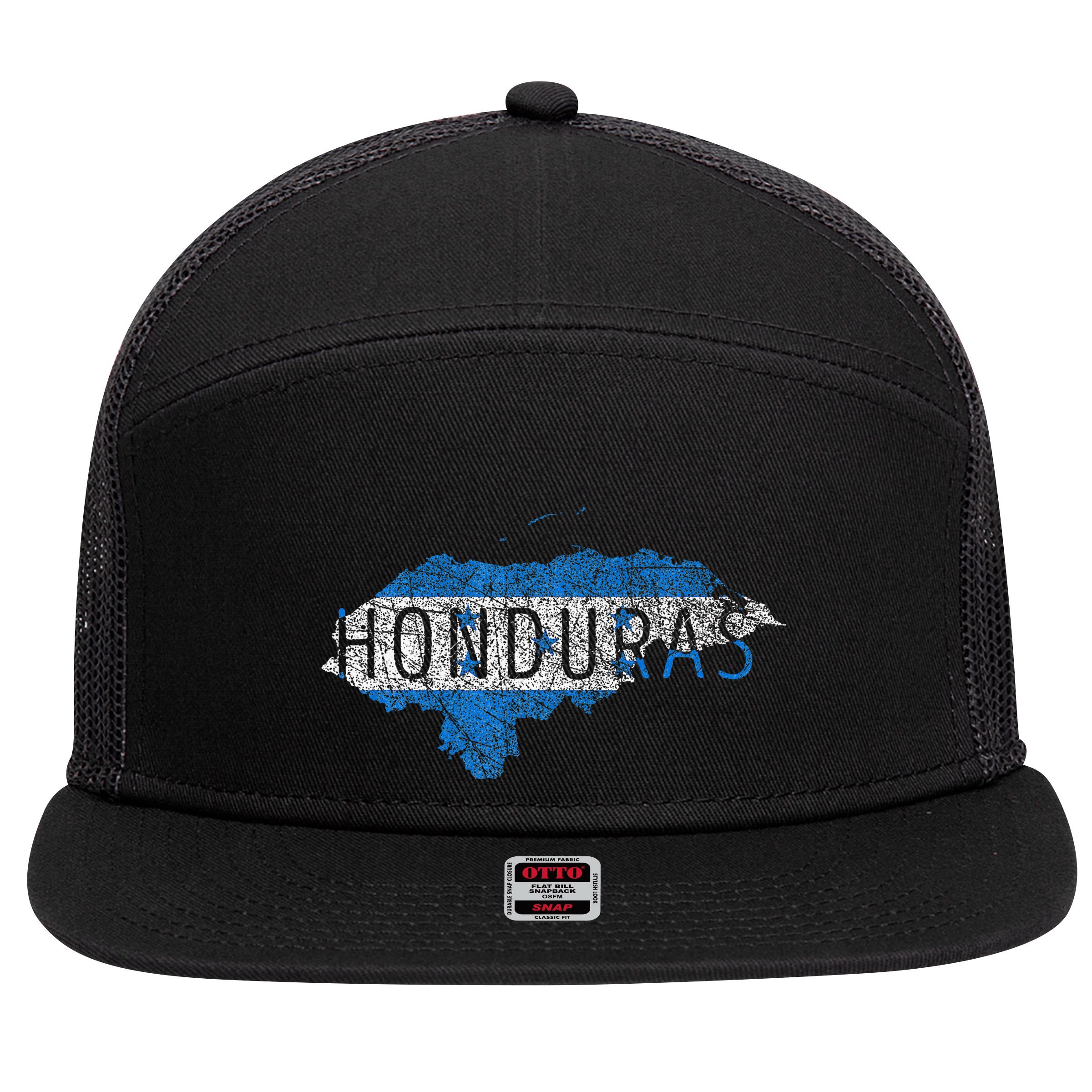 Honduran Map And Flag Souvenir Distressed Honduras 7 Panel Mesh Trucker Snapback Hat