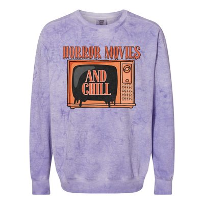 Horror Movies And Chill Funny Halloween Spooky Vibes Retro Colorblast Crewneck Sweatshirt