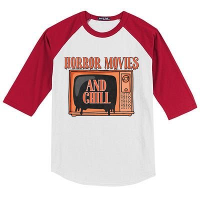 Horror Movies And Chill Funny Halloween Spooky Vibes Retro Kids Colorblock Raglan Jersey