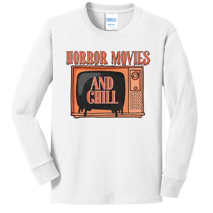 Horror Movies And Chill Funny Halloween Spooky Vibes Retro Kids Long Sleeve Shirt