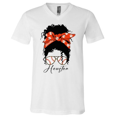 Houstion Messy Bun Souvenir I Love Houstion Women V-Neck T-Shirt