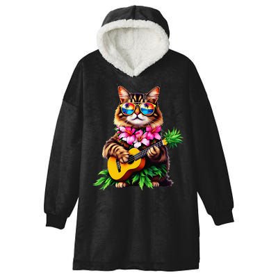 Hawaiian Maine Coon Cat Pineapple Ukulele Summer Vacation Hooded Wearable Blanket