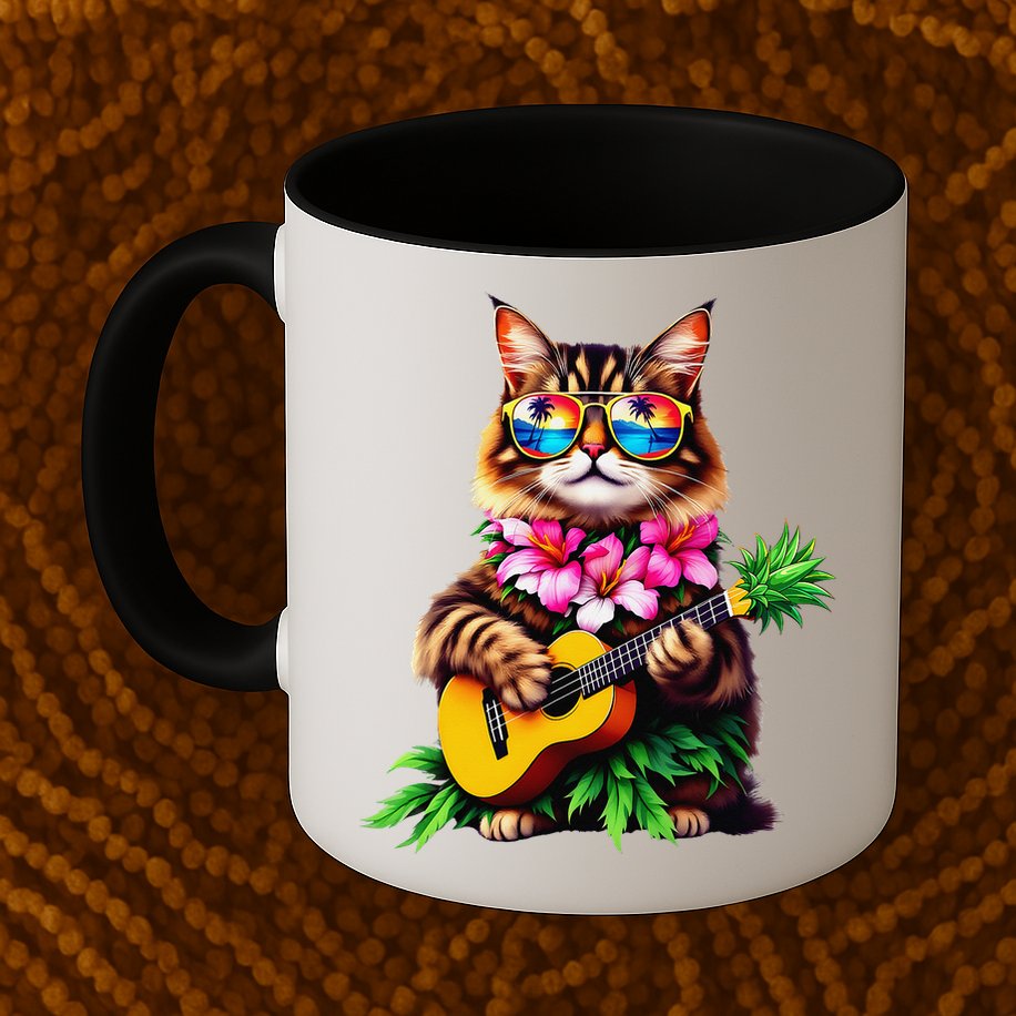 Hawaiian Maine Coon Cat Pineapple Ukulele Summer Vacation Mug