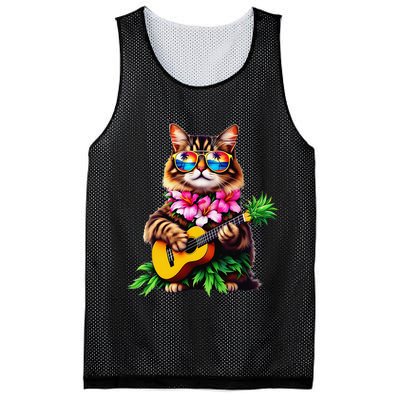 Hawaiian Maine Coon Cat Pineapple Ukulele Summer Vacation Mesh Reversible Basketball Jersey Tank