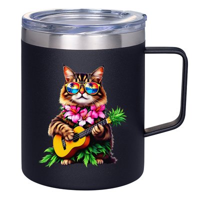 Hawaiian Maine Coon Cat Pineapple Ukulele Summer Vacation 12oz Stainless Steel Coffee Mug